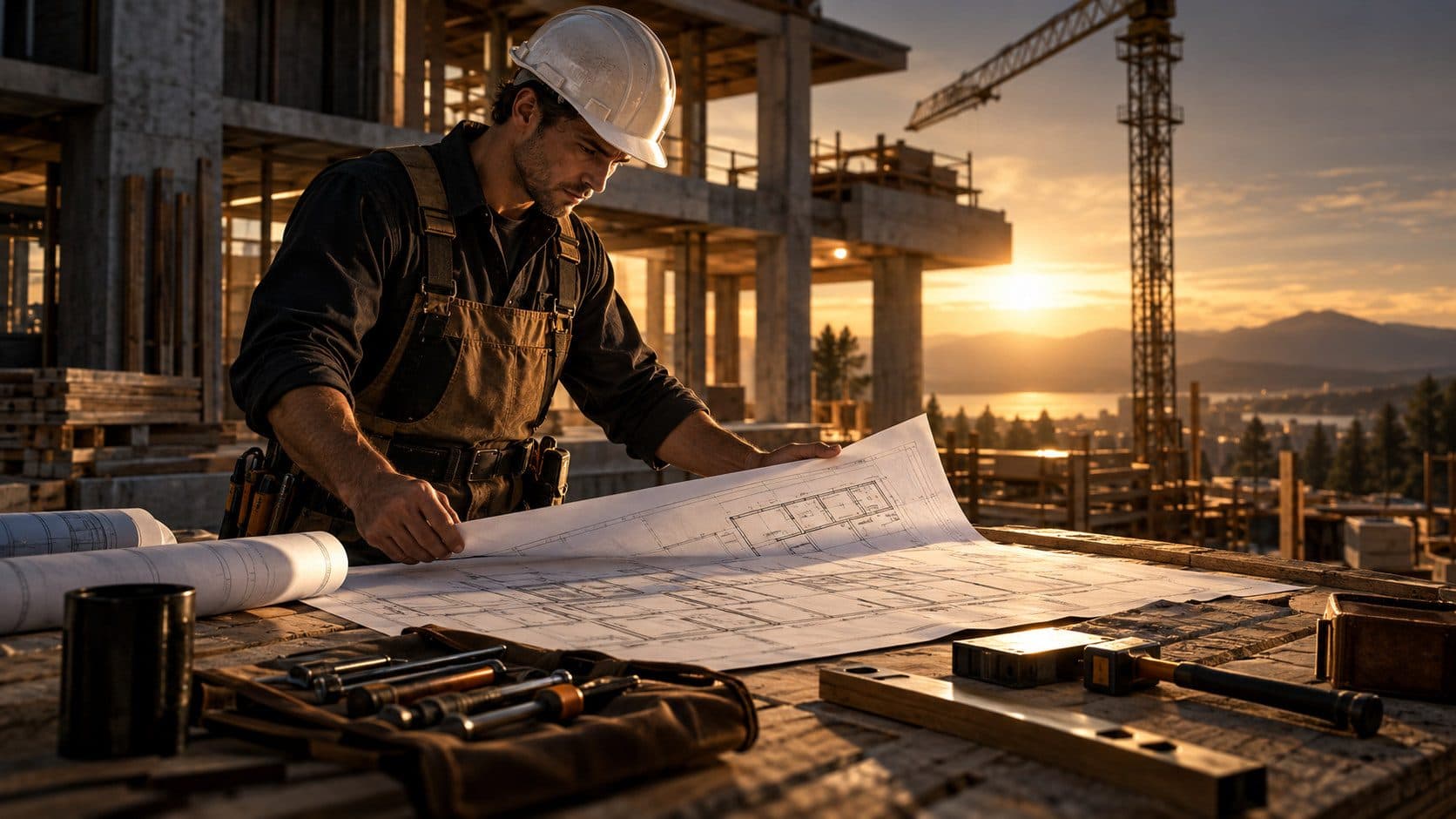 A skilled tradesperson carefully examining blueprints on a well-organised construction site, professional tools laid out neatly beside them in morning light.