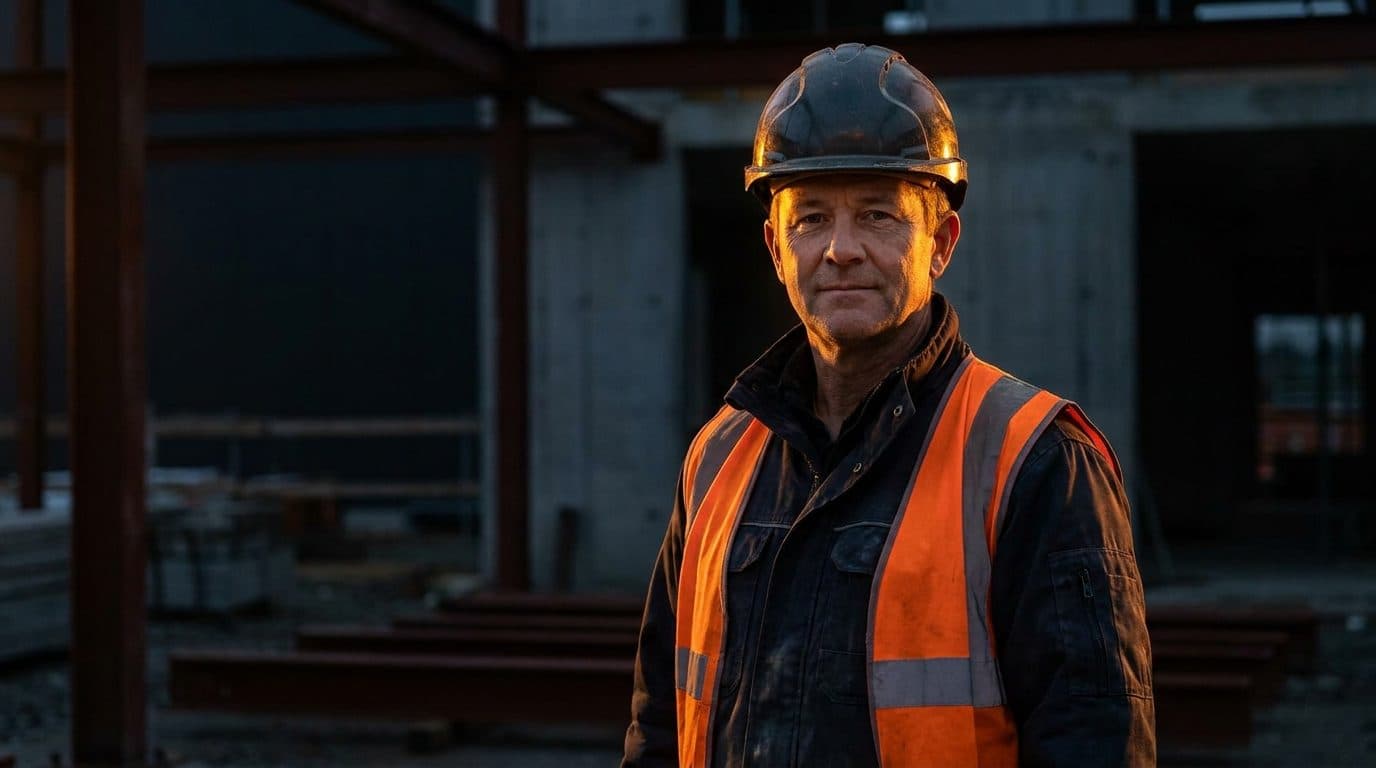 A confident tradesperson in clean workwear and hi-vis standing on a building site, lit with warm amber rim light.