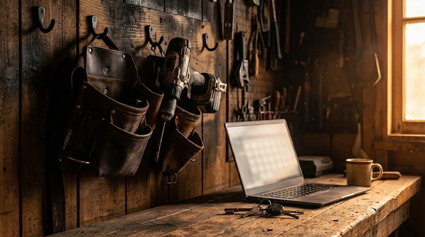 A tradesman's tool belt and drill hung on a workshop wall, with an open laptop showing a job schedule and a set of van keys on the bench below them.