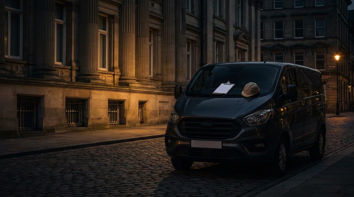 A contractor's van parked outside a UK council civic building in early morning light, with a clipboard of paperwork visible on the dashboard