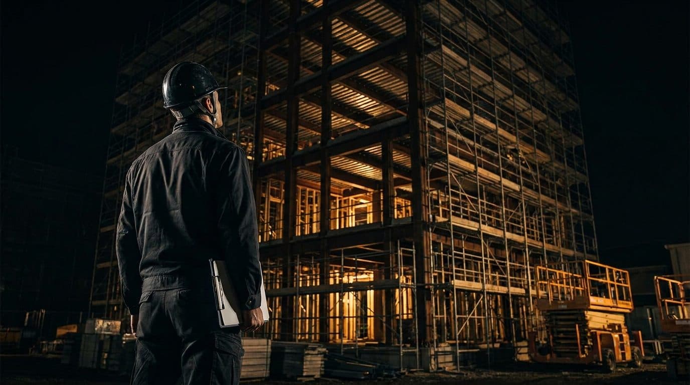 A tradesperson in work clothes standing on a site walkway looking up at the scaffolded frame of a larger building, clipboard under one arm