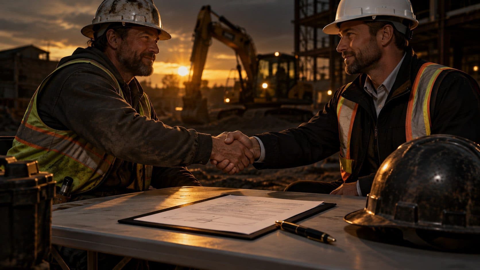 A main contractor and a subcontractor reviewing a written agreement at a job site, with a signed subcontractor contract, pen and hard hat on a folding table.