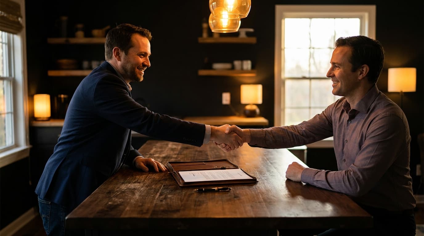 A project manager in casual-smart clothes reviewing a signed contract with a client at a kitchen table in warm natural light.