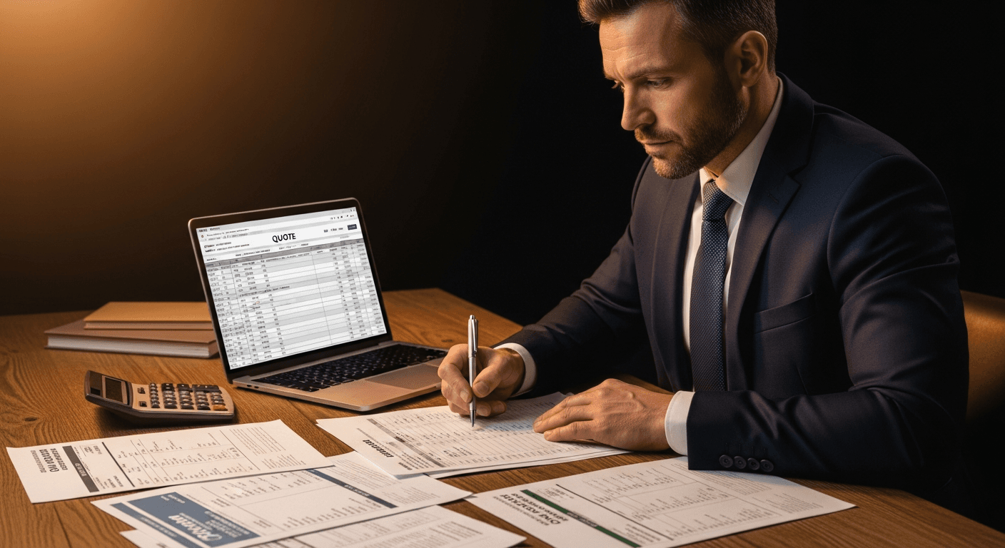 A desk covered with a written quote, a calculator, and a set of trade invoices, with a laptop showing a spreadsheet in the background.