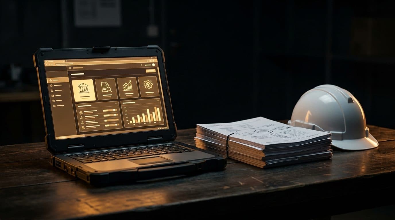 A laptop on a site office desk showing a public-sector e-procurement portal dashboard, with tender documents and a hard hat beside it