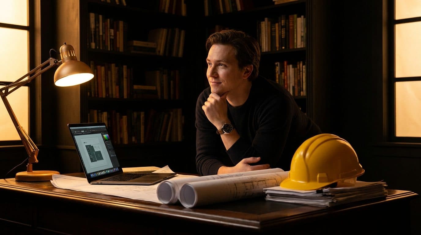 A person planning a construction business at a desk with blueprints and a laptop