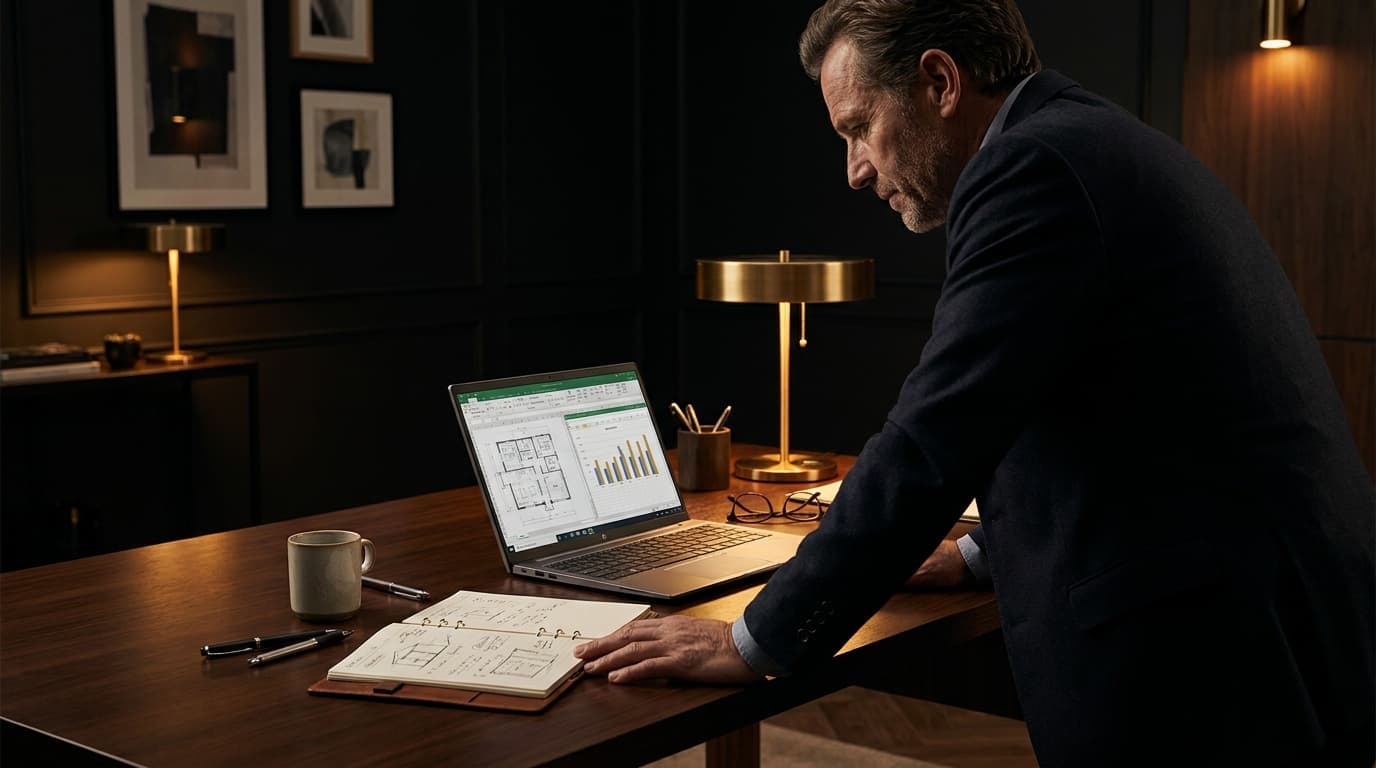 A sole operator reviewing job quotes and a subcontractor list on a laptop at a clean desk, set up to run a contractor arbitrage business without being on the tools