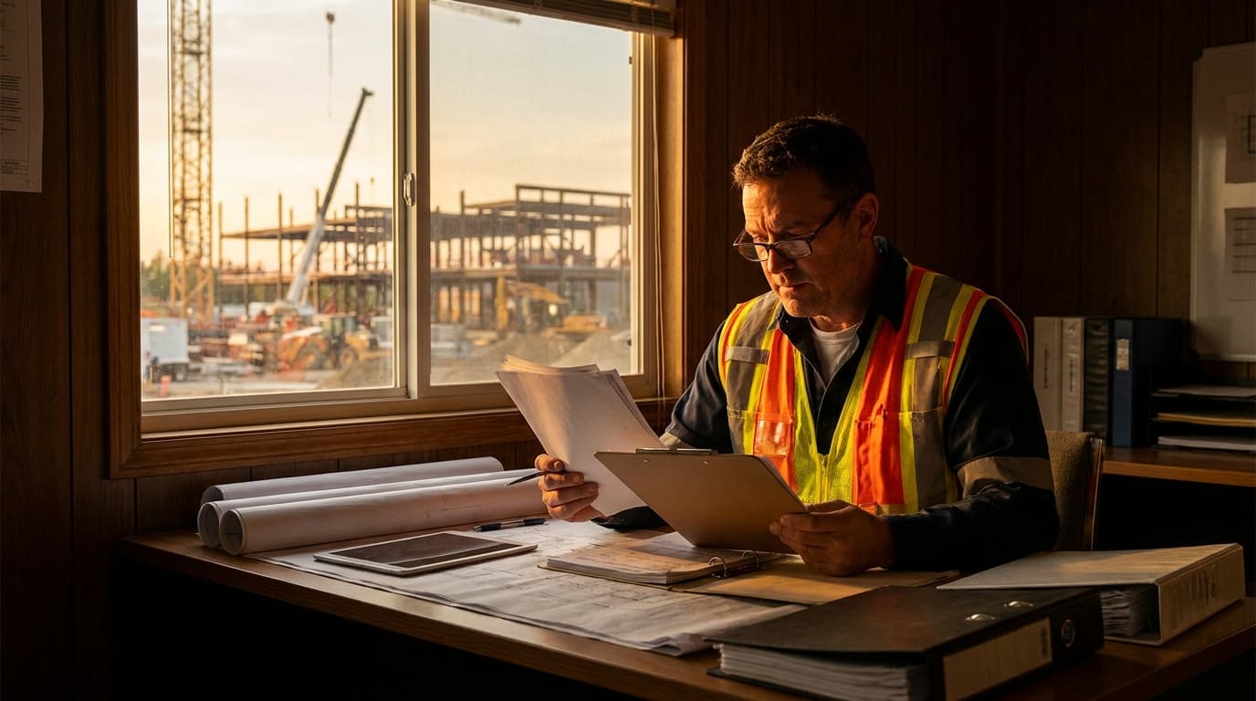 A contractor in a high-visibility vest reviewing insurance certificates and documents with a tradesperson on a construction site.
