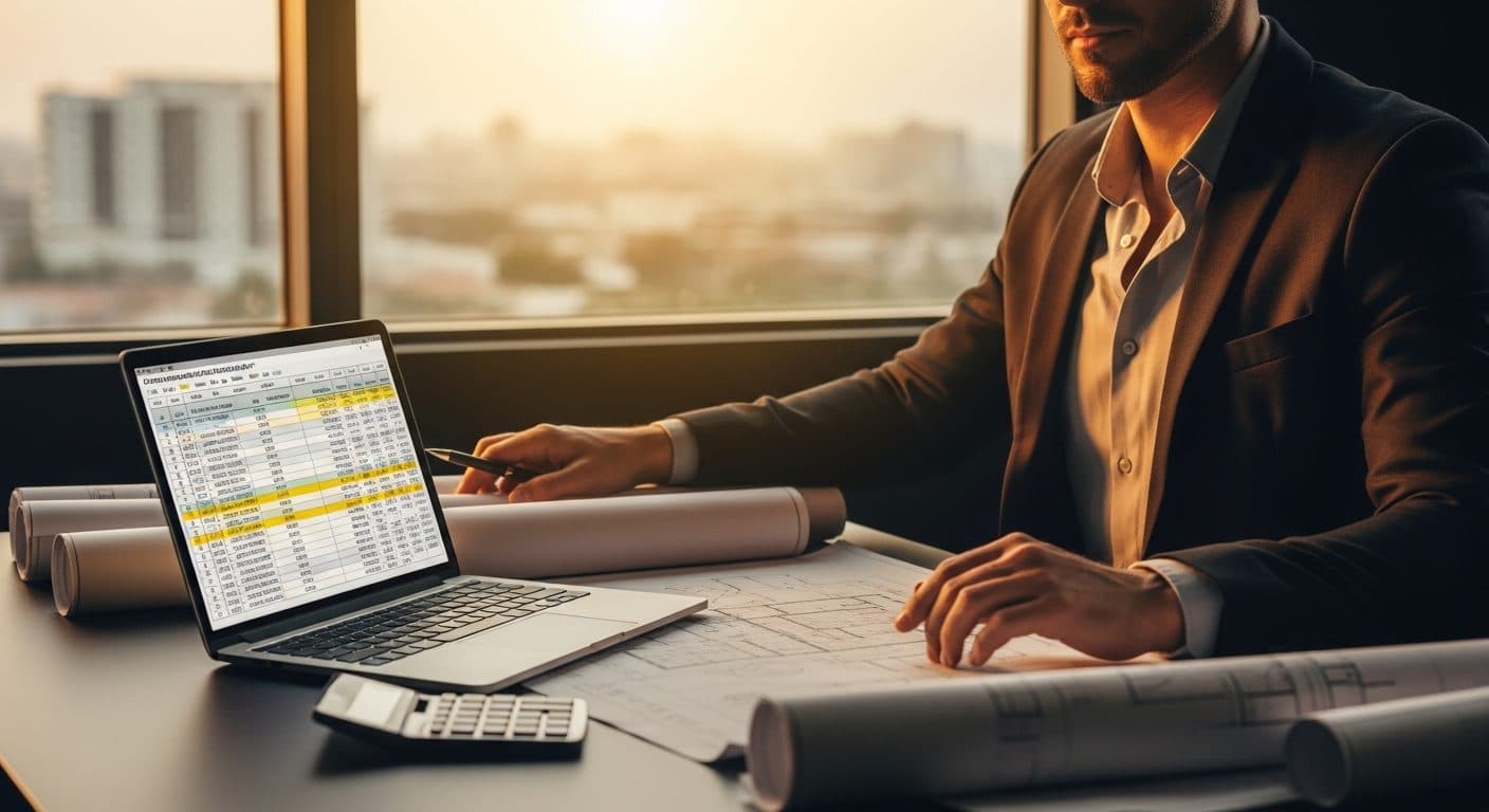 A business owner at a clean desk reviewing construction contracts and margin spreadsheets on a laptop, with rolled blueprints and a calculator nearby, seen from above in natural light