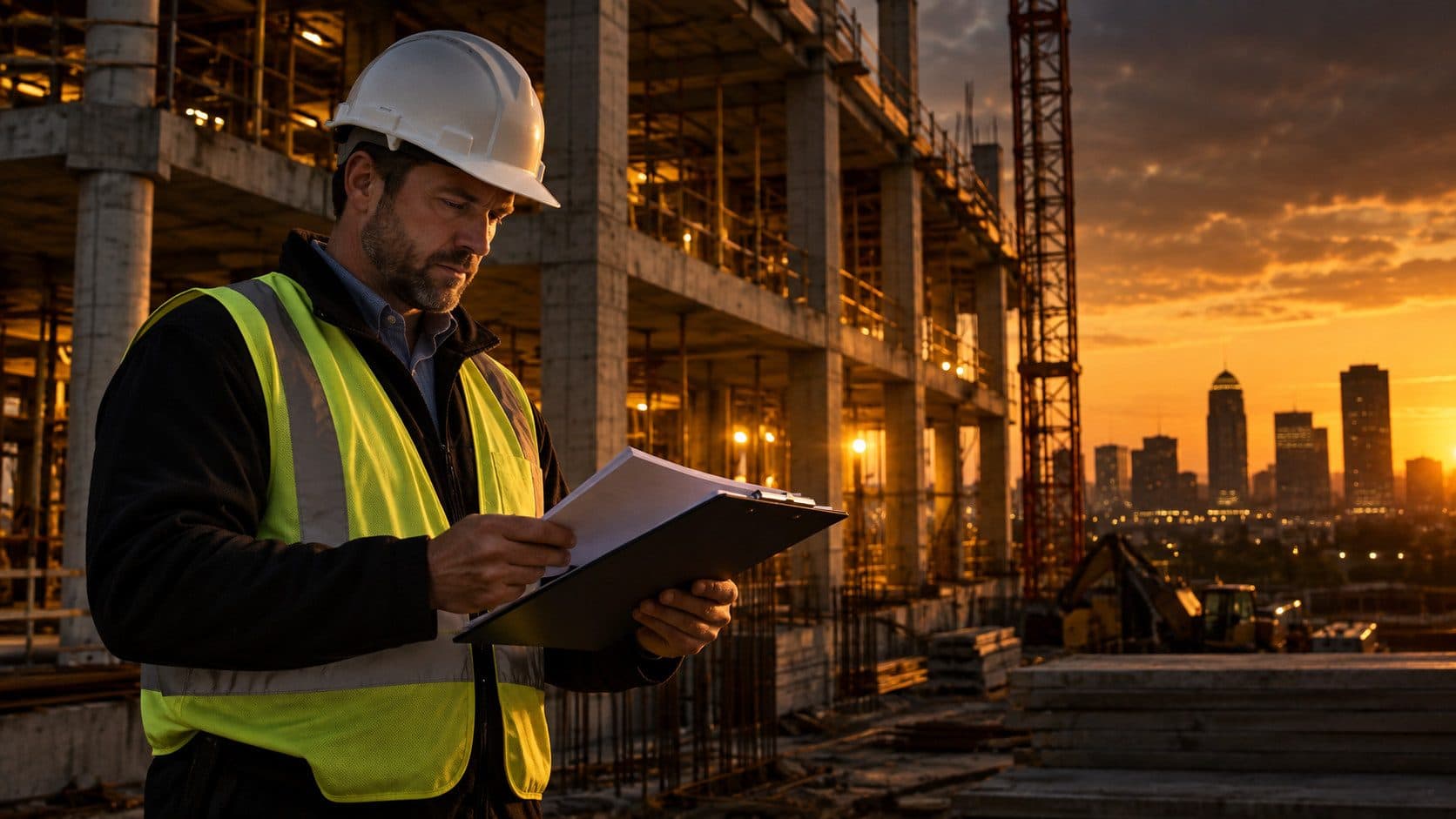 A construction project manager reviewing contract documents on a clipboard outside a commercial building site in Birmingham, Alabama, with a hardhat under one arm and warm evening light on the site behind them.