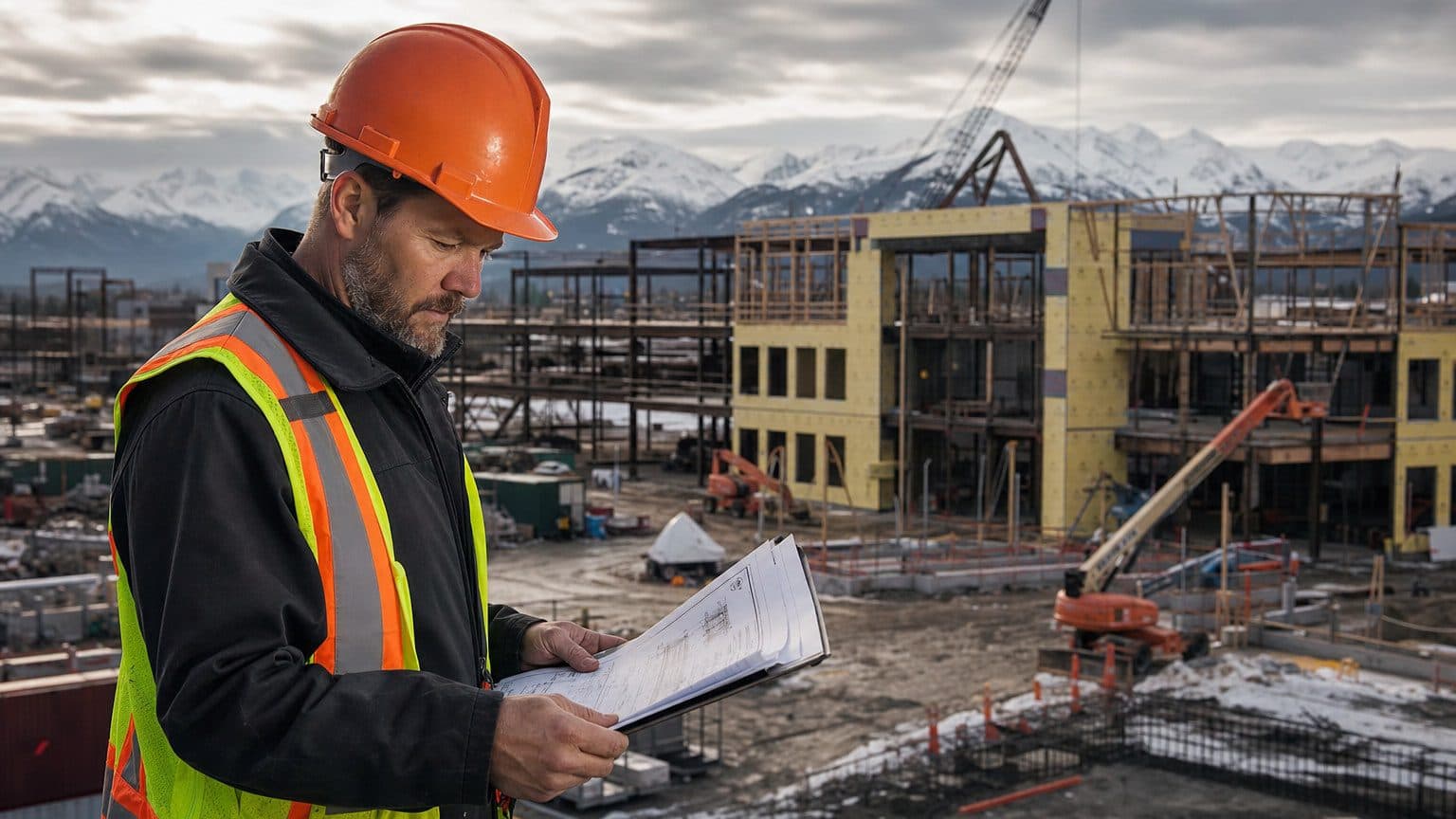 A general contractor in a hard hat reviewing blueprints on a clipboard at a commercial construction site in Anchorage, Alaska, with snow-capped mountains visible in the background.