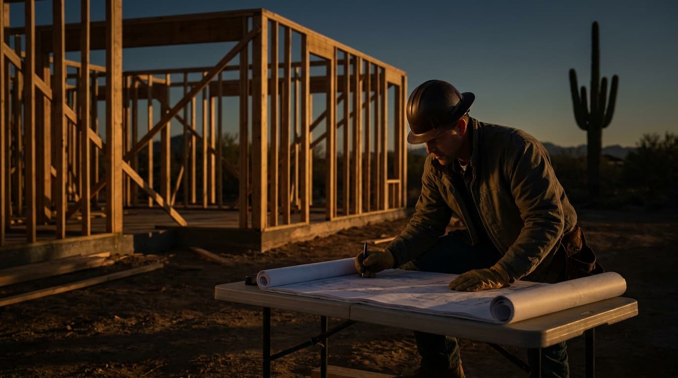 A contractor in a hard hat reviewing blueprints at a residential construction site in Arizona, timber-framed walls half-built under a clear blue desert sky, saguaro cactus visible on the horizon and warm afternoon sun casting long shadows.