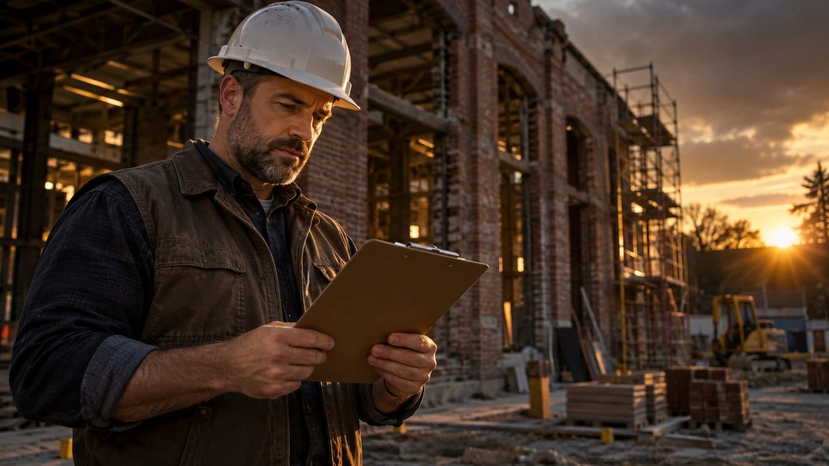 A contractor reviewing a commercial building contract on a clipboard at a construction site in Arkansas, with a brick building under renovation in the background.