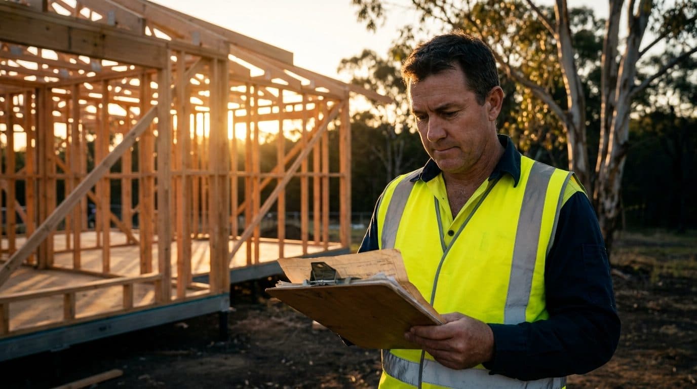 An Australian building contractor in a high-vis vest reviewing construction documents at a residential building site, timber-frame house under construction with eucalyptus trees in the background, warm afternoon light.