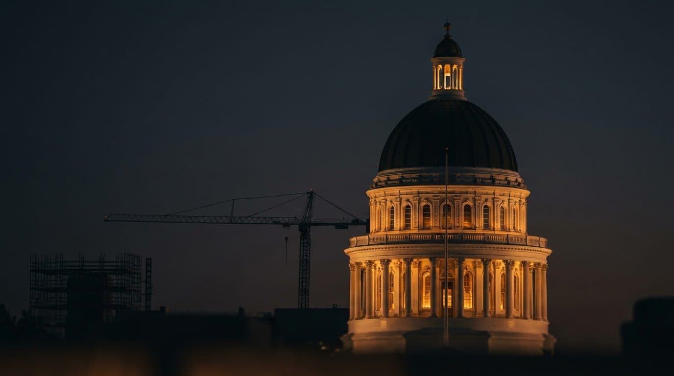 The illuminated California State Capitol dome at dusk with a construction crane and scaffolding beside it.