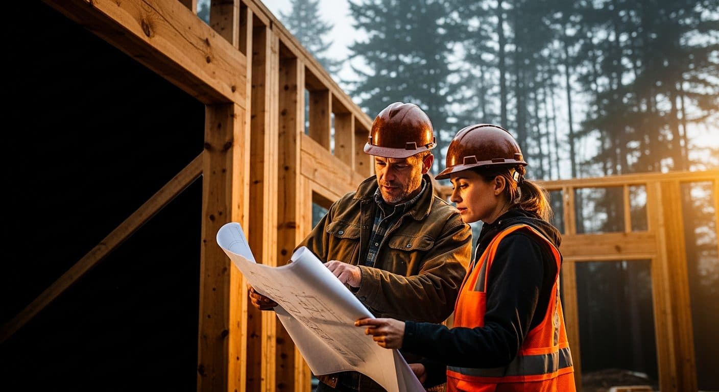 A general contractor reviewing blueprints with a subcontractor at a Canadian timber-frame residential construction site, pine trees visible in the background under an overcast sky.