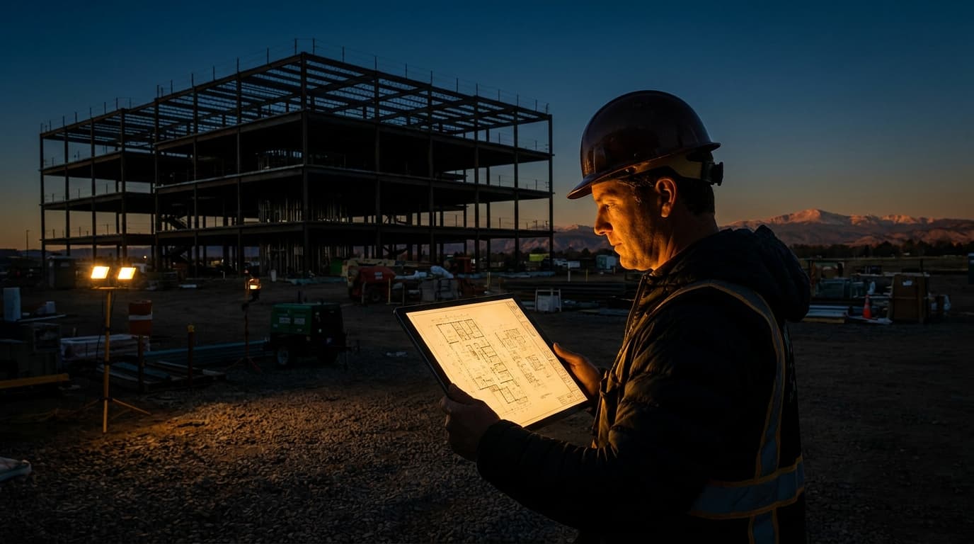 A contractor reviewing plans on a tablet at a Denver, Colorado commercial construction site with the Rocky Mountains visible in the background.
