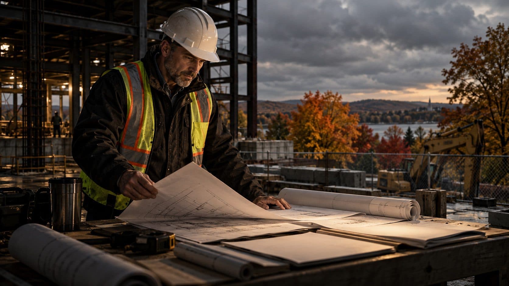 A general contractor reviewing contract documents at a construction site in Connecticut, autumn trees visible through the site fence in the background.