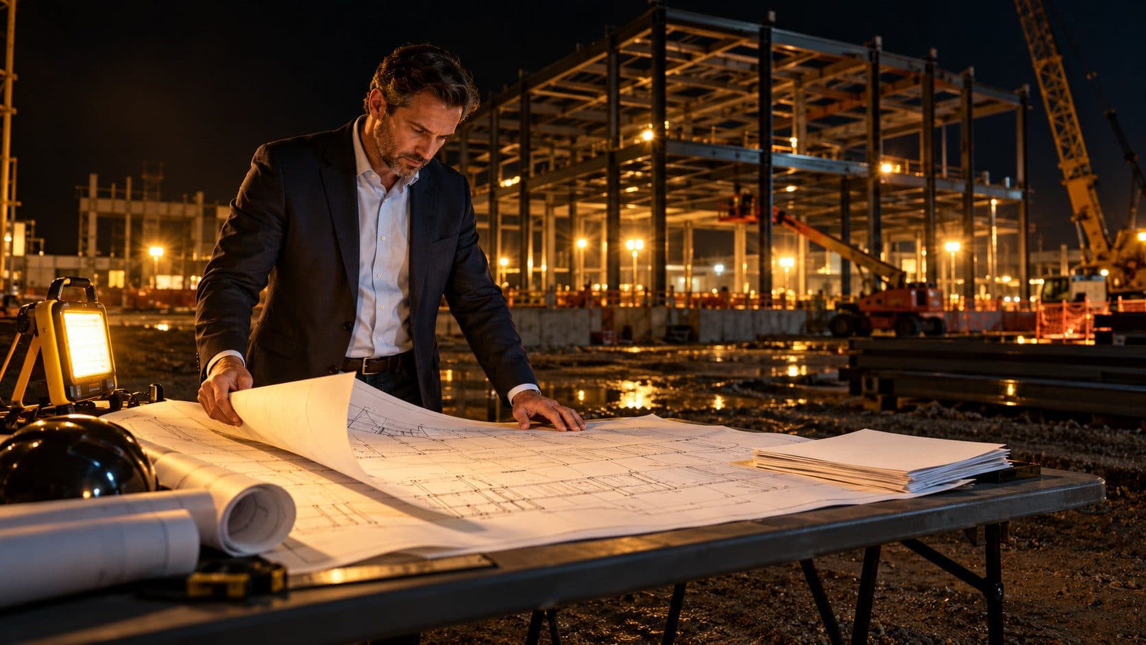 A licensed contractor in a dark blazer reviewing blueprints and contract documents on a table at a Delaware commercial construction site, warm amber work lights illuminating the paperwork, steel frame structure visible behind.