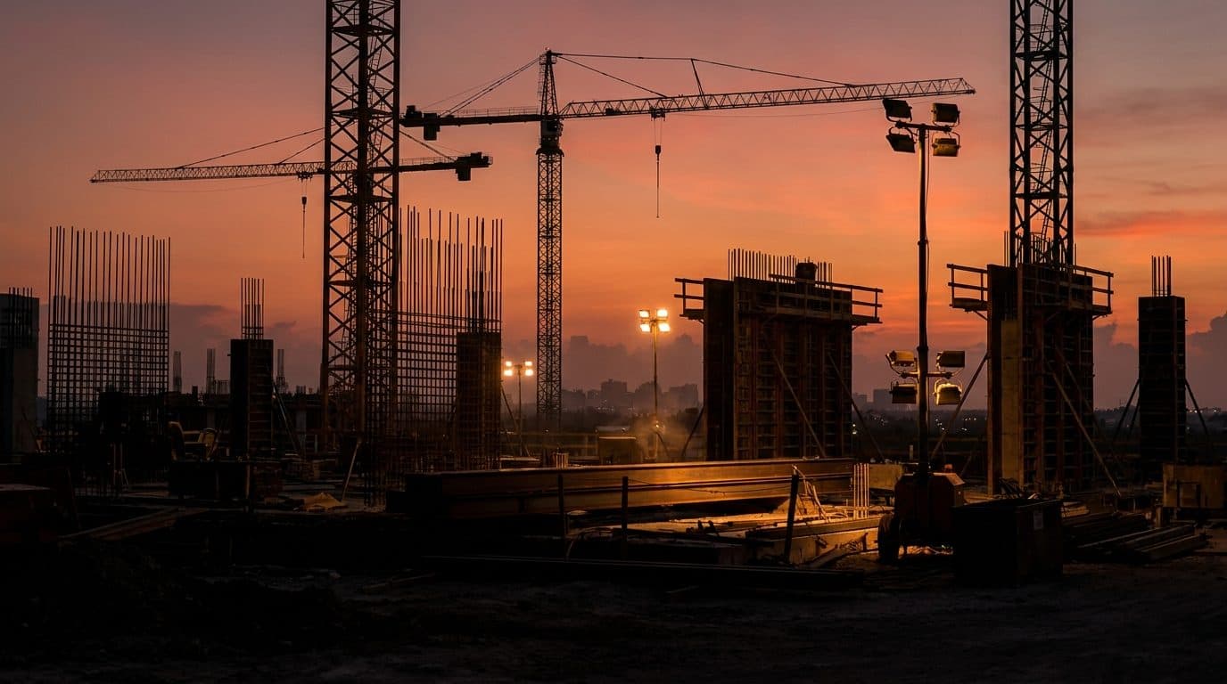A Miami construction site at golden hour with tower cranes and concrete high-rise formwork silhouetted against an orange and pink Florida sunset.