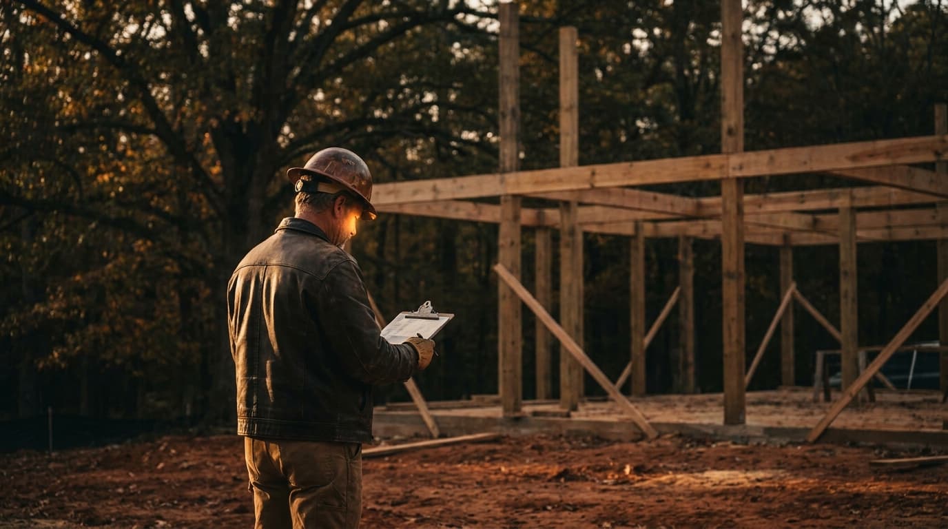 A contractor in a hard hat reviewing a job estimate on a clipboard at a timber-framed residential build in Georgia, leafy oak trees visible in the background and red Georgia clay soil visible at the base of the footings.