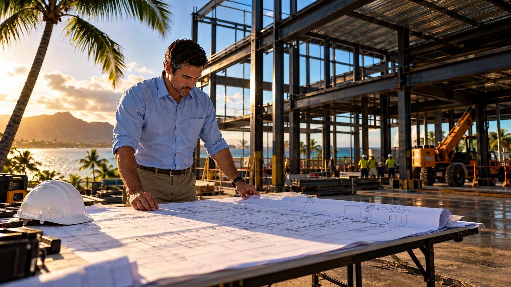 A licensed contractor in a light shirt reviewing construction plans on a clipboard at a Hawaii commercial building site, bright Pacific sky behind, scaffolding and timber frame in the background.