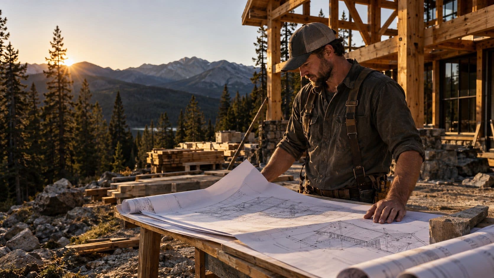 A contractor standing outside a timber-frame building under construction in rural Idaho, reviewing paperwork with forested mountains visible in the background.