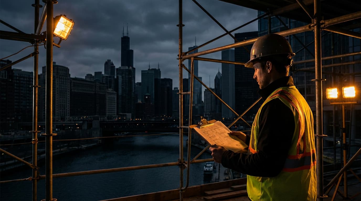 A contractor in a hi-vis vest reviewing construction plans against the Chicago skyline, with steel-frame scaffolding visible on a commercial build site along the river.