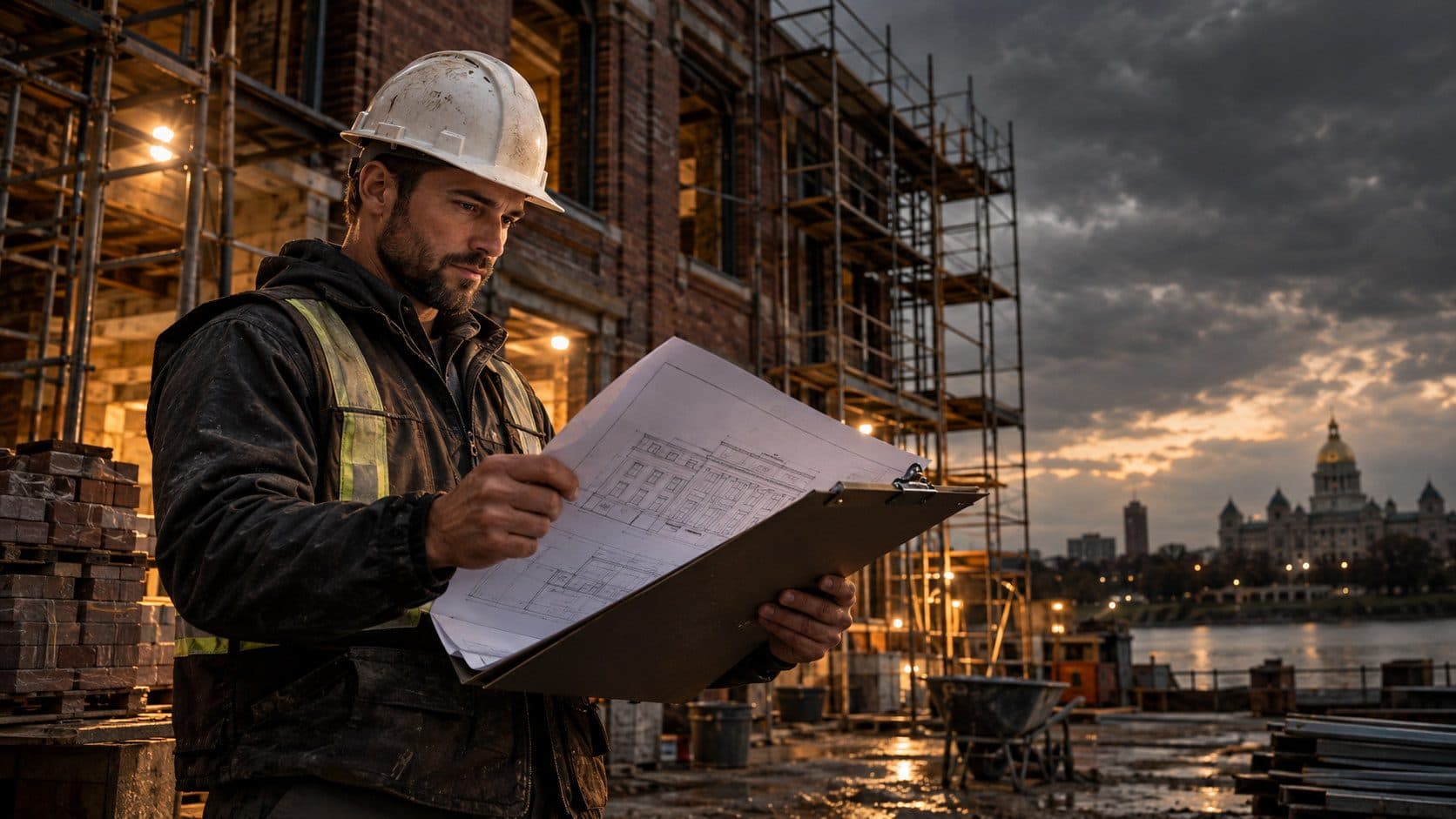 A contractor reviewing blueprints outside a commercial building under construction in Iowa, with a brick facade and scaffolding visible in the background.