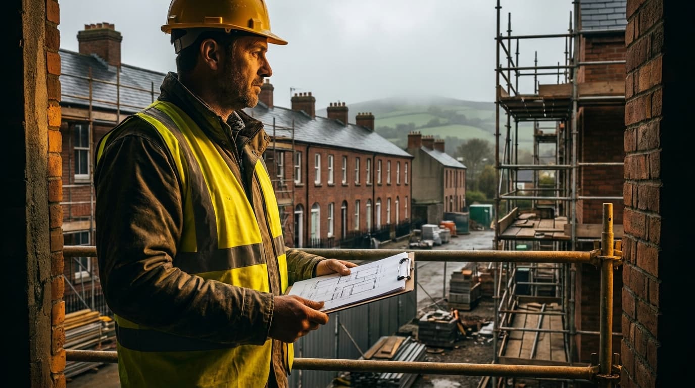 A contractor in a high-vis vest reviewing construction documents at a residential building site in Ireland, Georgian terraced houses and green hills visible in the background, morning light.