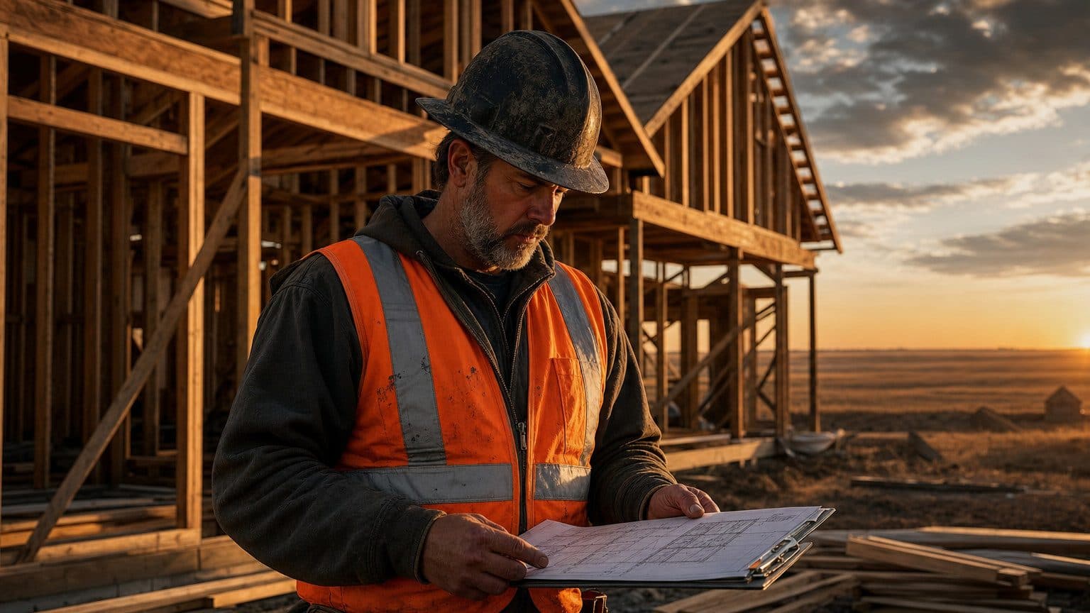 A construction foreman in a high-visibility vest reviewing plans on a clipboard at a residential build site in Kansas, timber framing in the background against a flat plains horizon.
