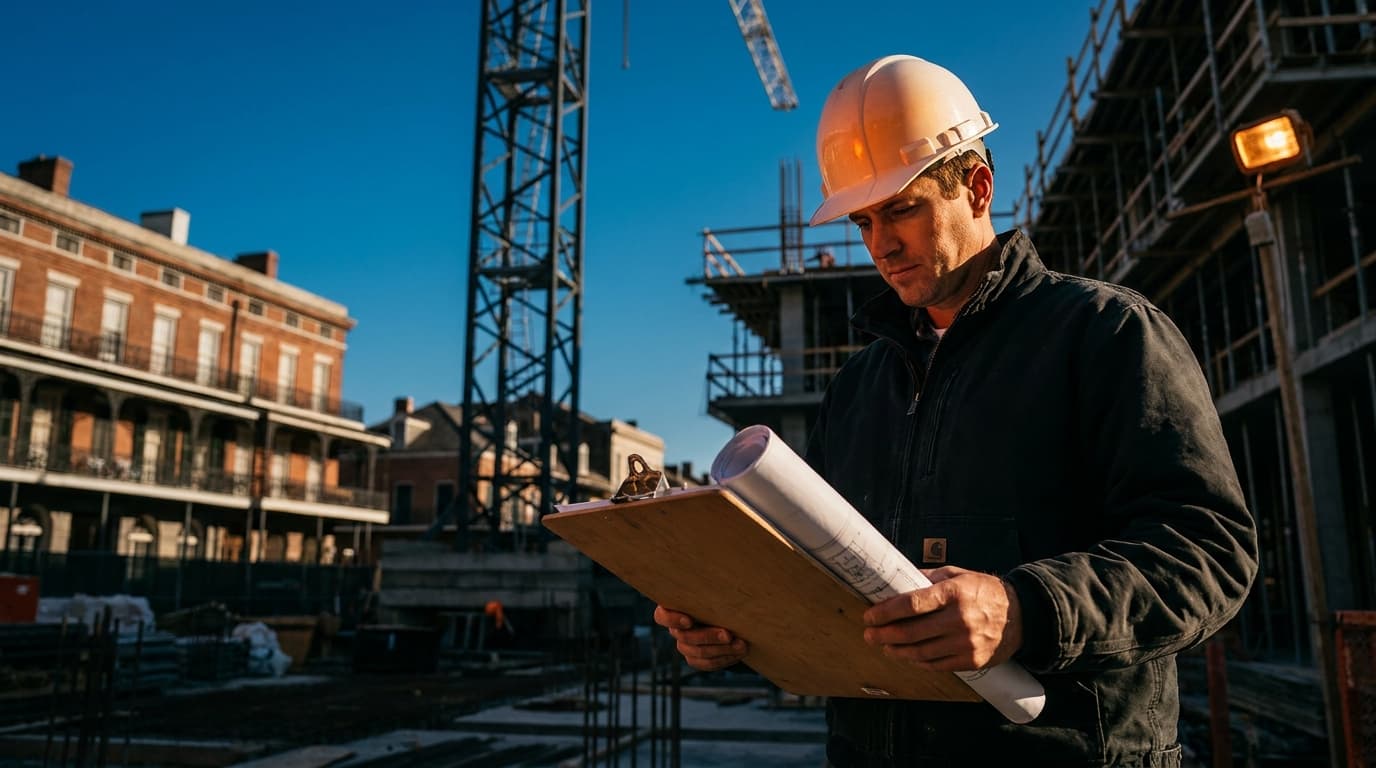 A construction project manager in a hard hat reviewing plans on a clipboard at a large commercial building site in New Orleans, Louisiana, with a crane and scaffolding visible against a clear blue sky.