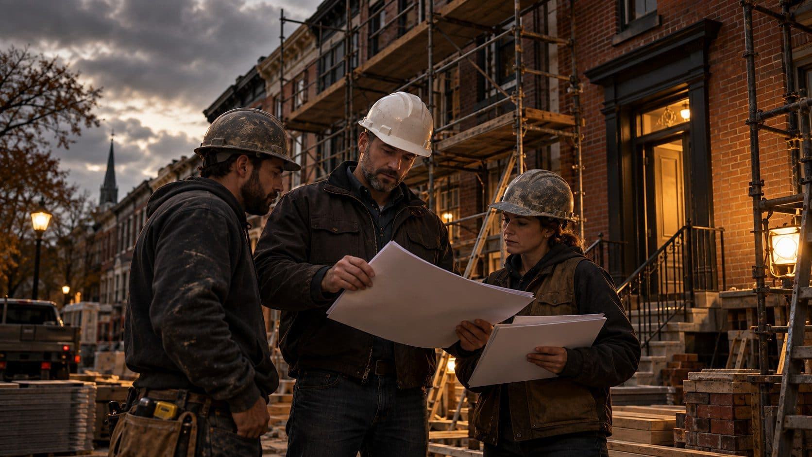 A construction project manager in a hard hat reviewing subcontractor bid sheets at a residential renovation site in Maryland, a brick row house facade visible behind them under an overcast sky.