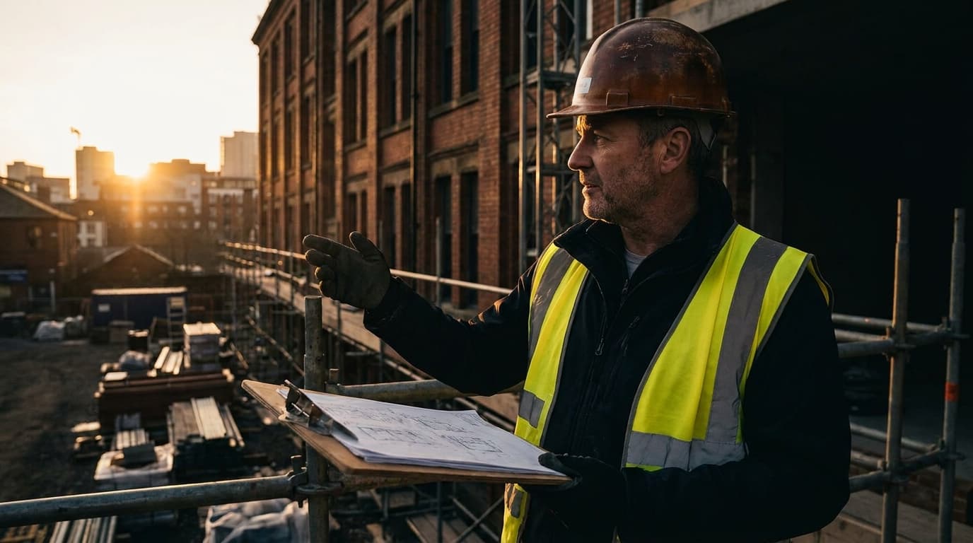 A contractor in a hard hat reviewing blueprints at a construction site in front of a historic red-brick building in Boston, Massachusetts.