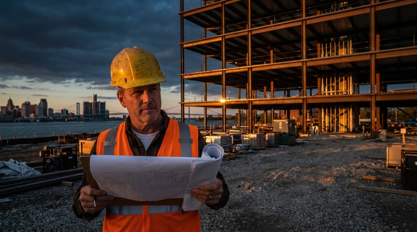 A construction project manager in a hard hat reviewing blueprints on a clipboard at a Michigan building site, with a Great Lakes shoreline and industrial skyline visible at dusk in warm amber light.