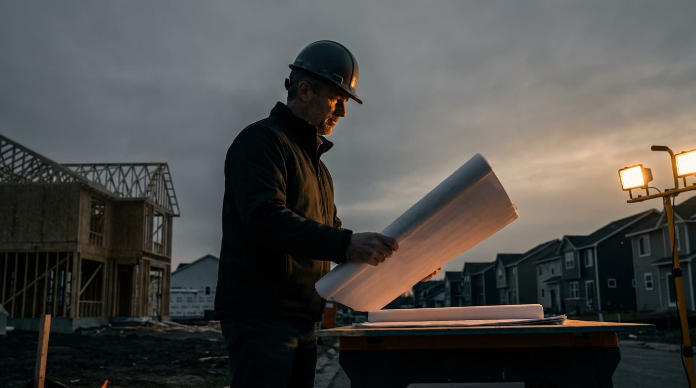 A construction project manager reviewing blueprints at a residential job site in Minneapolis, Minnesota, with a row of suburban houses visible in the background under a grey midwestern sky.