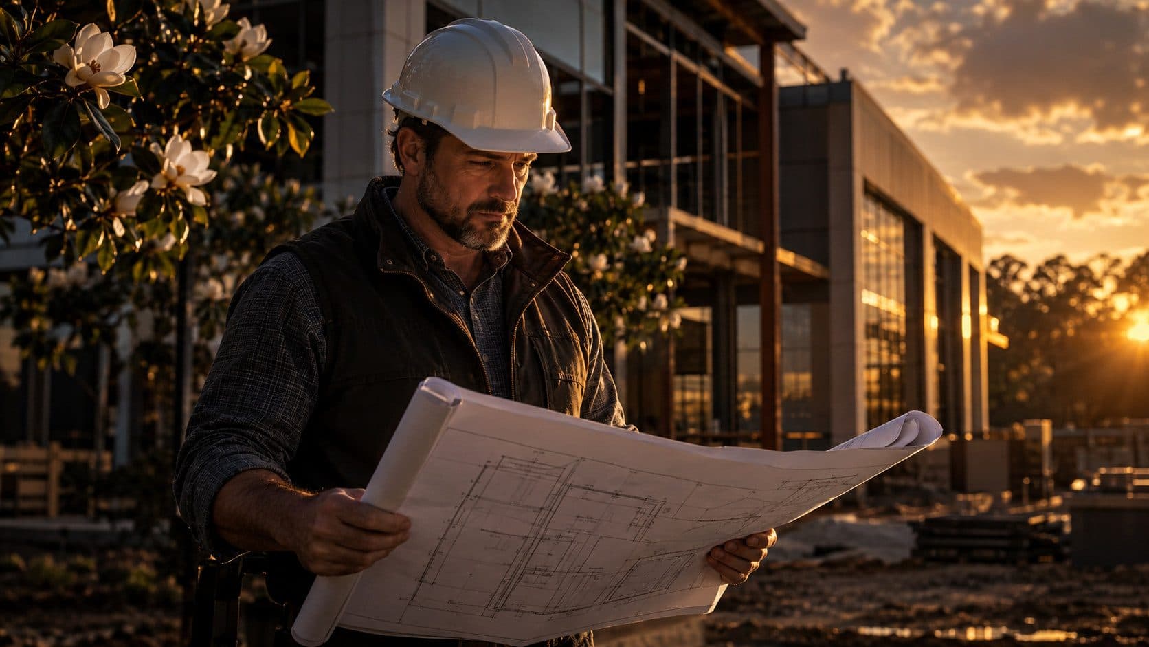 A general contractor reviewing blueprints outside a commercial building site in Mississippi, magnolia trees visible in the background.