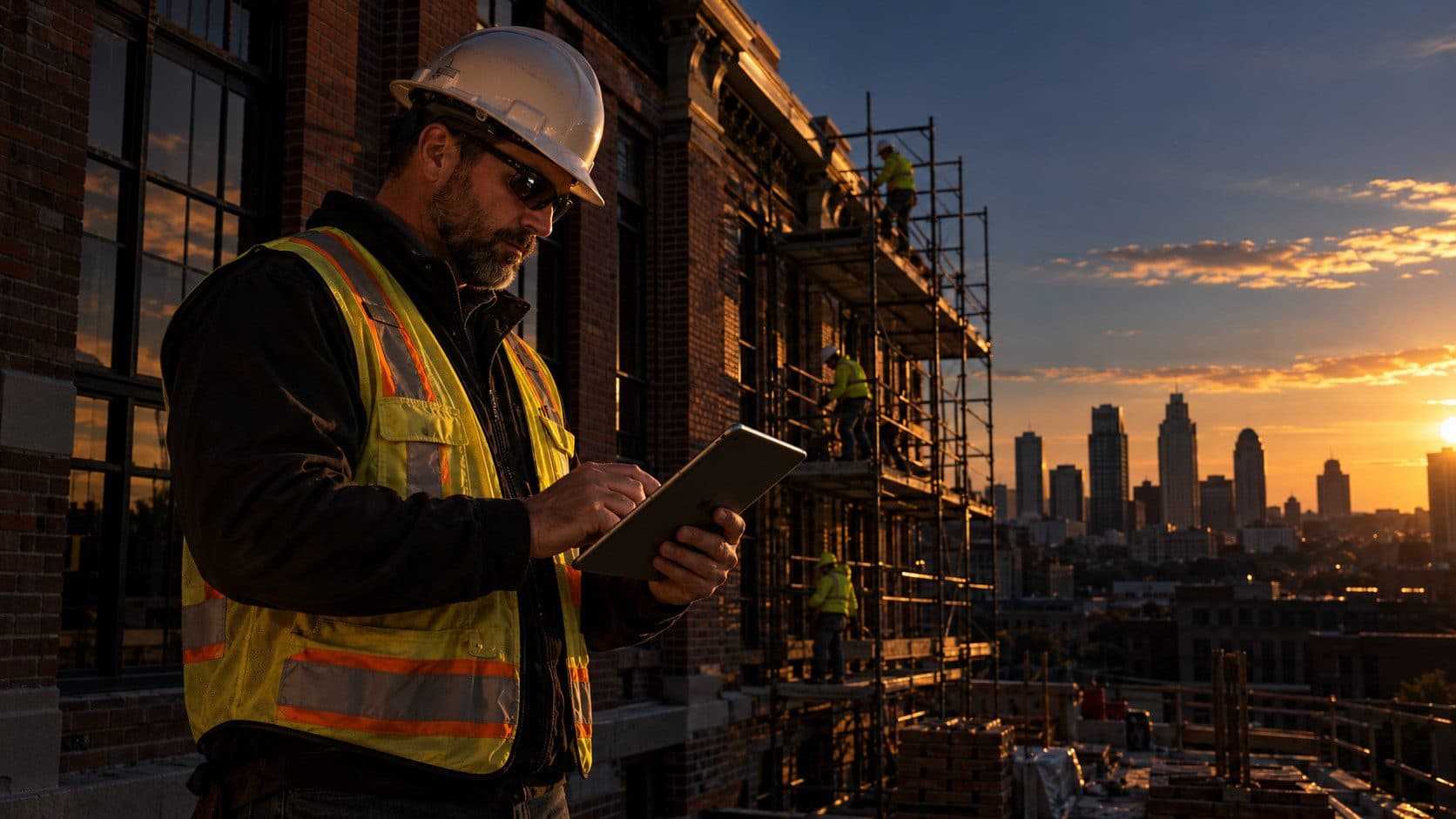 A construction project manager reviewing a subcontract bid on a tablet outside a brick commercial building in Kansas City, Missouri, with a construction crew working on scaffolding in the background.
