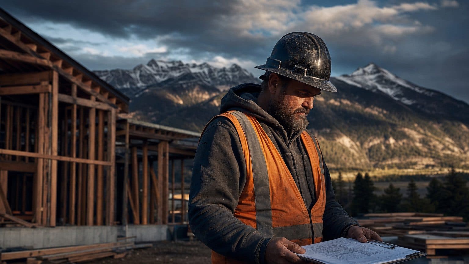 A construction site foreman in a high-visibility vest reviewing documents on a clipboard against a backdrop of Montana mountains and a timber-frame building under construction.