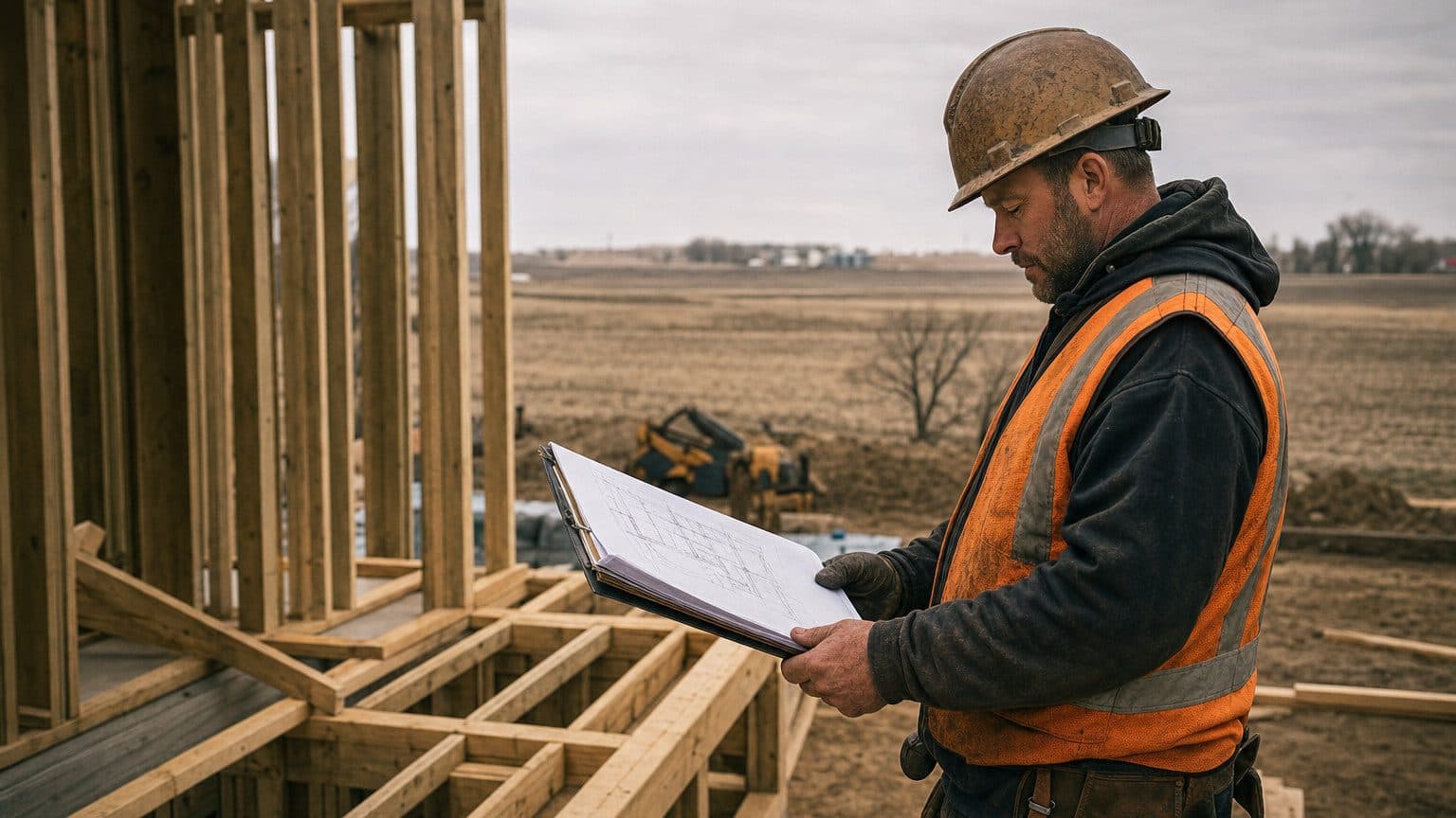 A construction foreman in a high-visibility vest studying project plans on a clipboard at a Nebraska residential build site, timber framing visible against a flat midwestern sky.