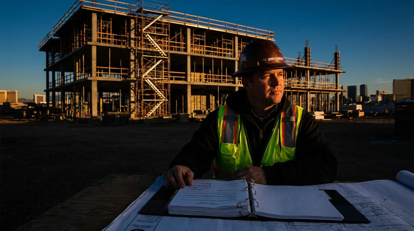 A construction project manager reviewing contract documents at a job site in Las Vegas, Nevada, with a commercial building frame and clear blue sky visible behind them.