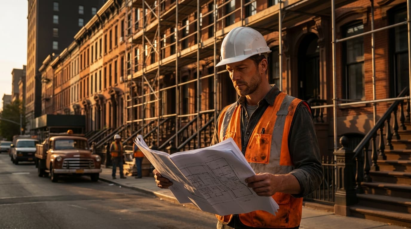 A contractor in a high-visibility vest reviewing blueprints outside a row of classic New Jersey brownstone houses undergoing renovation, clipboard in hand, afternoon light.