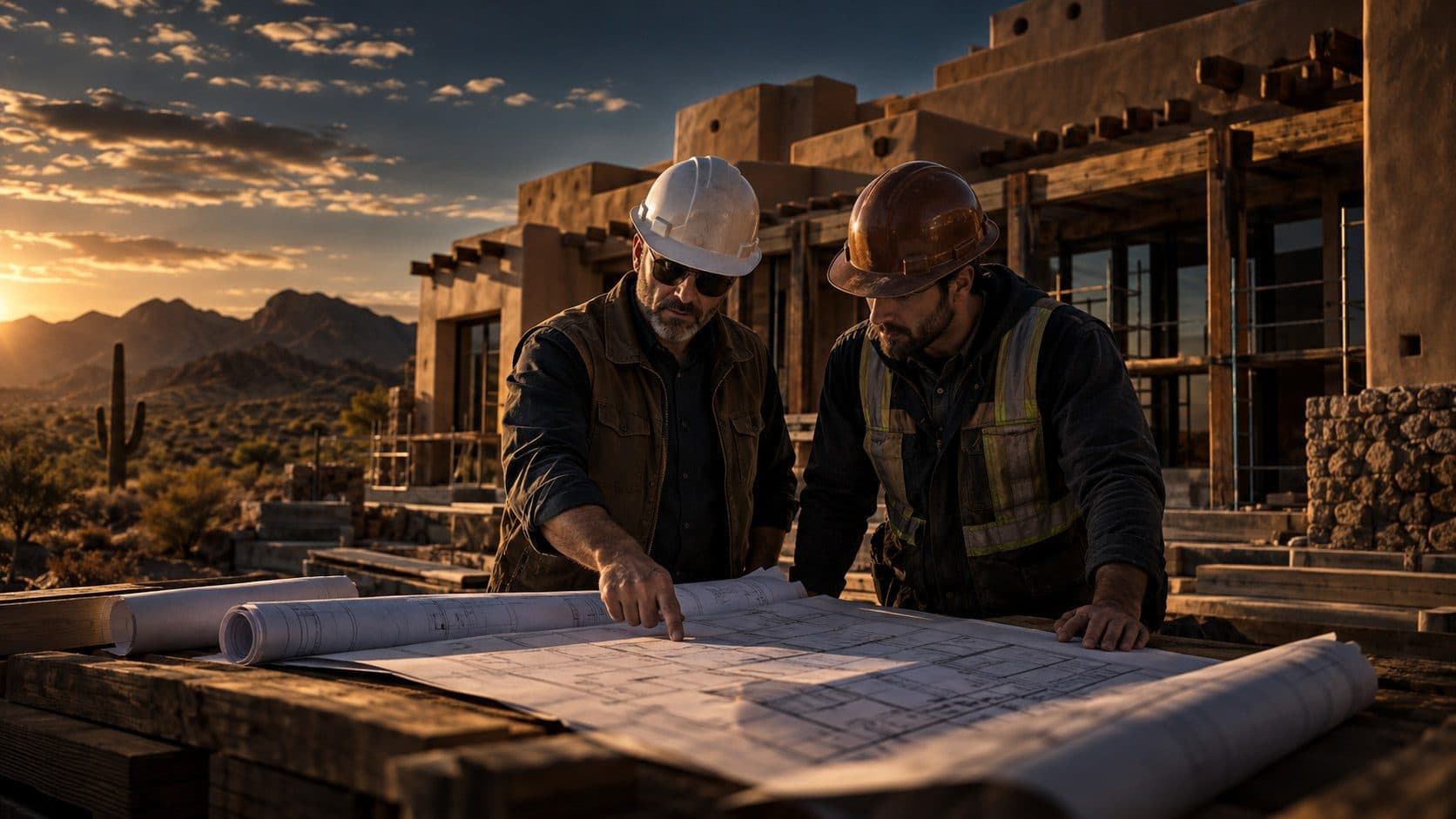 A general contractor reviewing blueprints with a subcontractor outside a commercial building under construction in New Mexico, adobe-style architecture in the background and desert landscape visible.