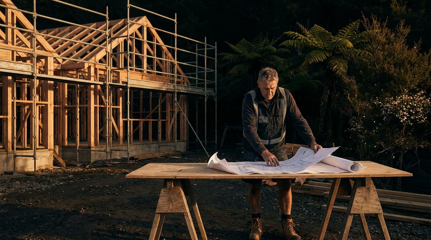 A contractor in a high-vis vest reviewing building plans at a residential construction site in New Zealand, timber-frame house with scaffolding and native bush in the background, warm afternoon light.