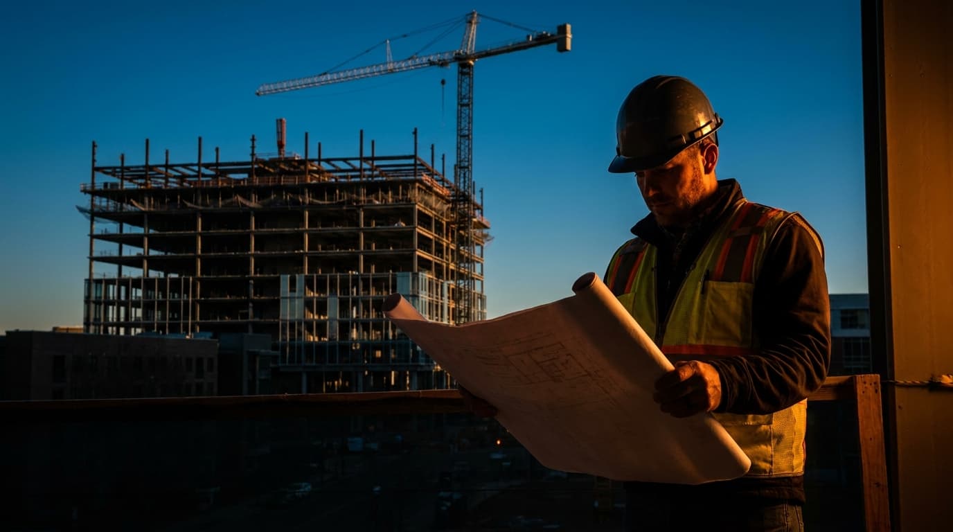 A contractor reviewing blueprints at a Charlotte, North Carolina commercial construction site with crane and steel frame in the background under clear blue sky.