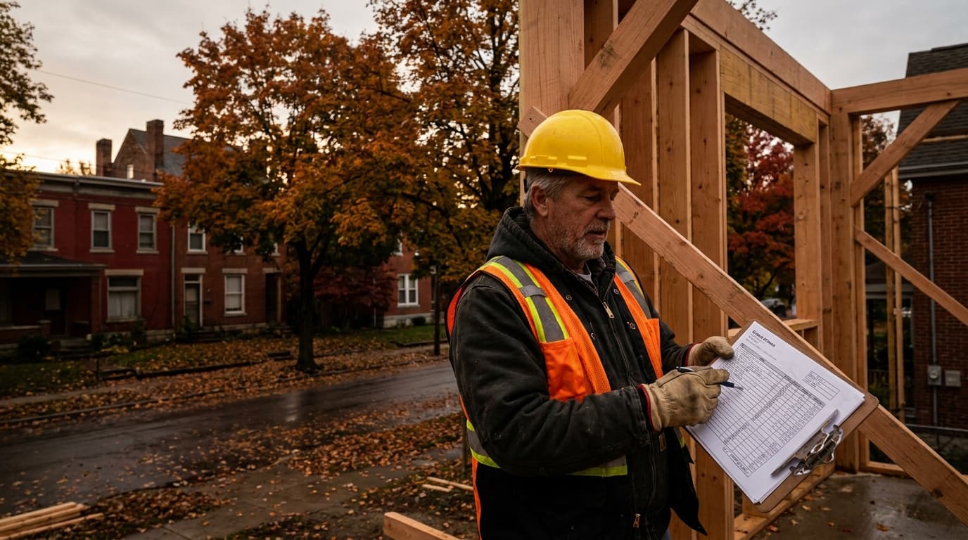 A contractor in a hard hat and hi-vis vest reviewing job estimates on a clipboard at a timber-framed residential build site in Columbus, Ohio, with a red-brick neighbourhood streetscape visible in the background.
