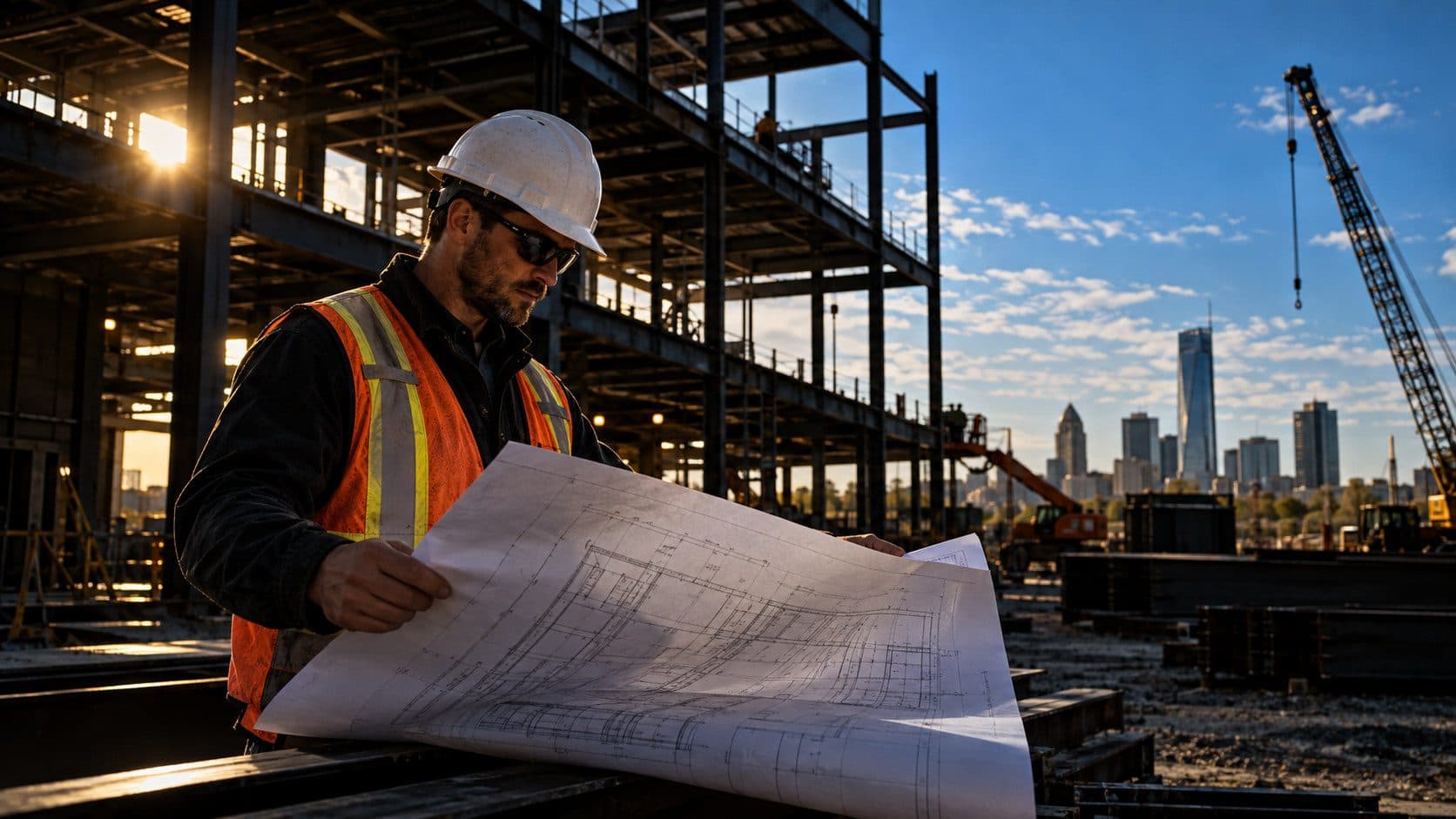 A general contractor reviewing blueprints on a job site in Oklahoma City, construction crane visible against a clear blue sky.