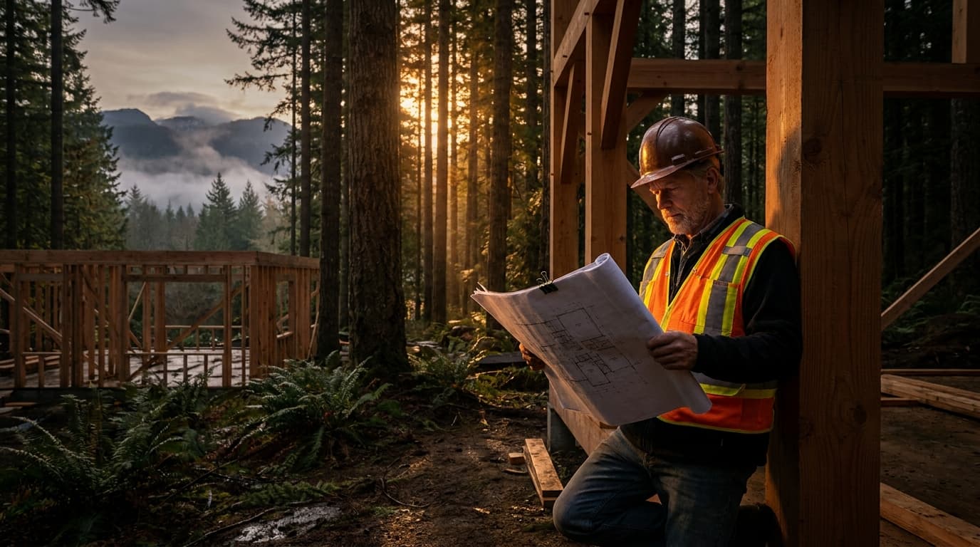 A contractor in a high-visibility vest reviewing construction plans on a clipboard outside a timber-frame building under construction in a Pacific Northwest forest setting.