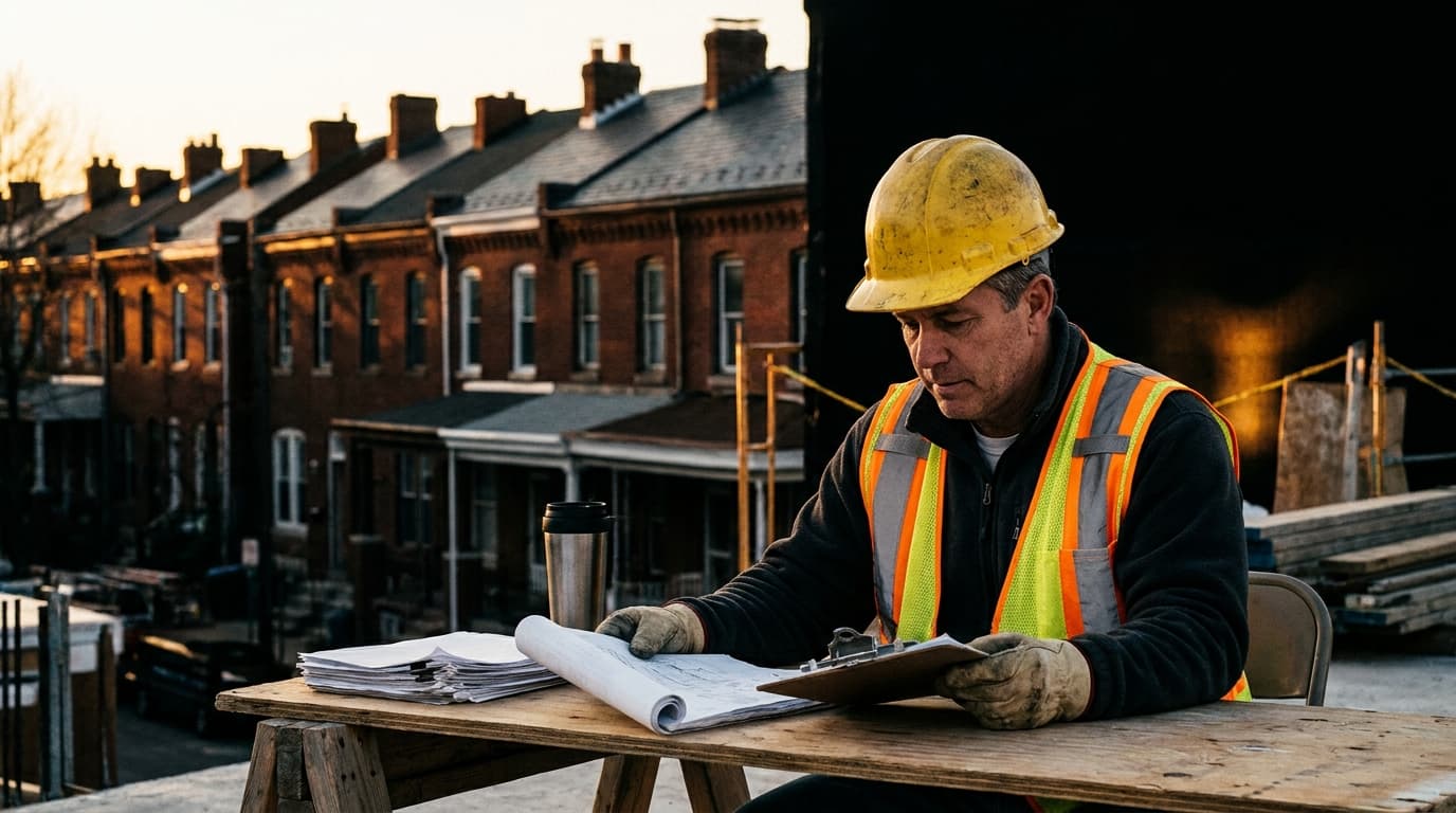 A construction contractor in a safety vest and hard hat reviewing building permits at a Pennsylvania jobsite, with red-brick Philadelphia rowhouses visible in the background at golden hour.