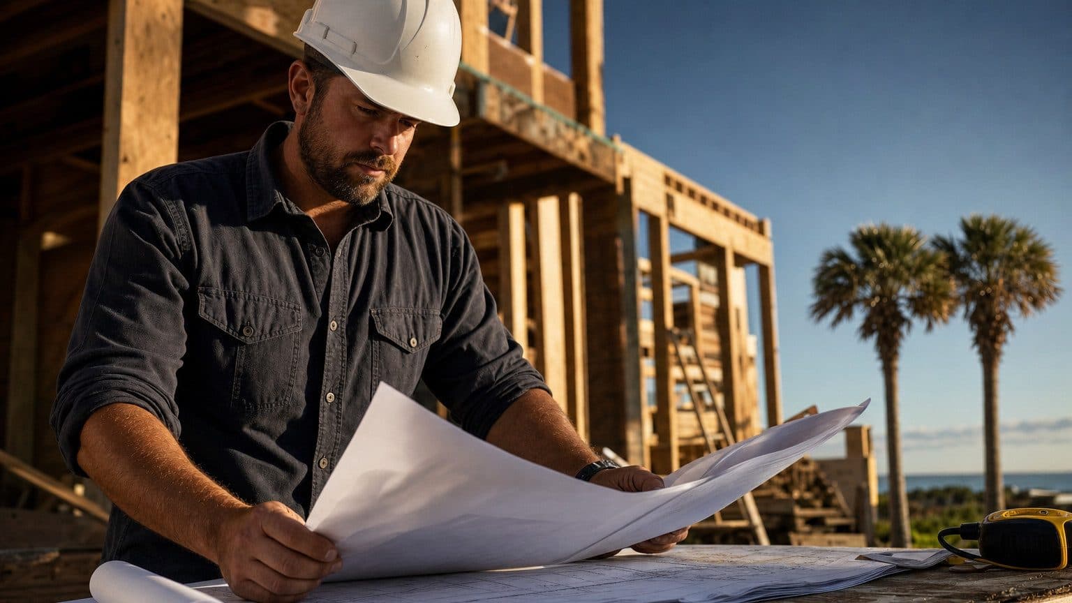A construction project manager reviewing contract documents on a clipboard at a timber-framed residential build site in South Carolina, palmetto trees and blue sky visible in the background.